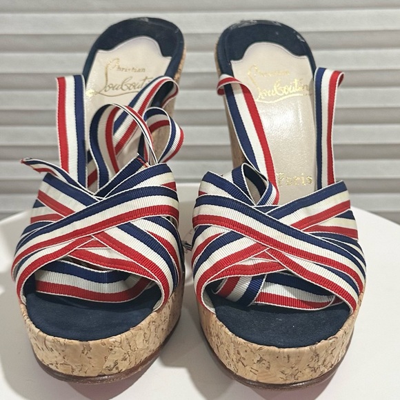🌺CHRISTIAN LOUBOUTIN 🌺 Red White Blue Cork Wedges Size: 37.5 - Picture 7 of 11